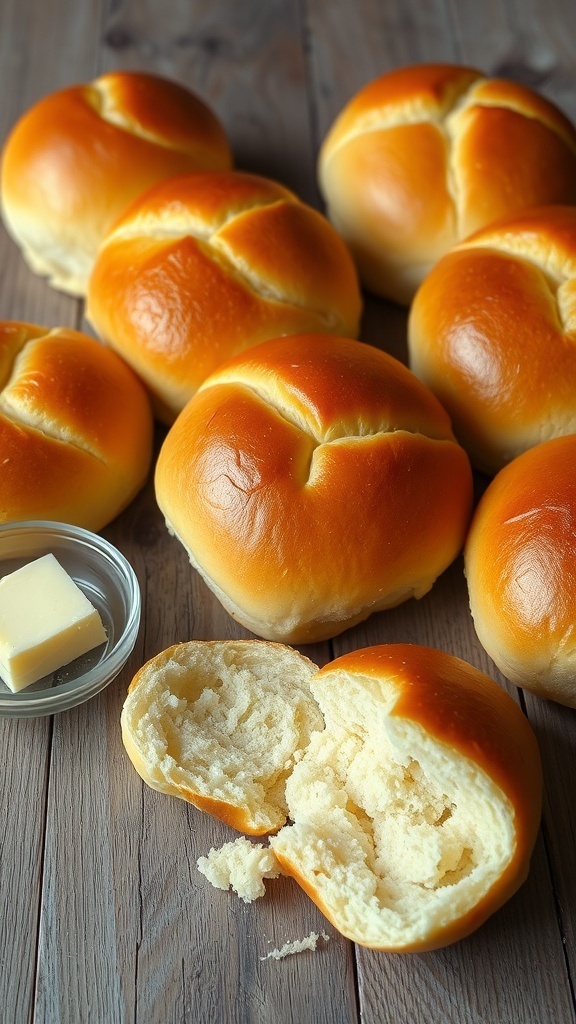 Golden brown homemade bread rolls on a wooden table with a dish of butter.